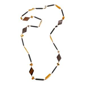 Vintage Long Geometric Carved Wooden Beaded Necklace